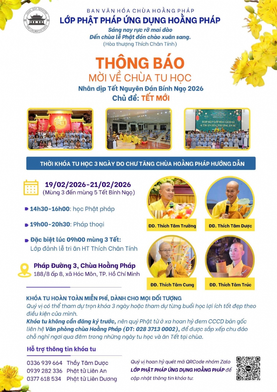 THÔNG BÁO MỜI VỀ CHÙA TU HỌC 3 NGÀY TẾT BÍNH NGỌ 2026