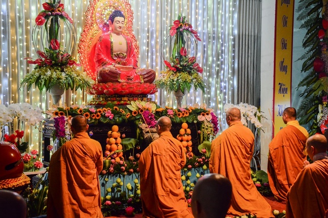 A Ceremony Lighting  Flower Lanterns to Celebrate Birthday Of Amitabha Buddha at Phuoc Thien Pagoda, Ho Chi Minh City