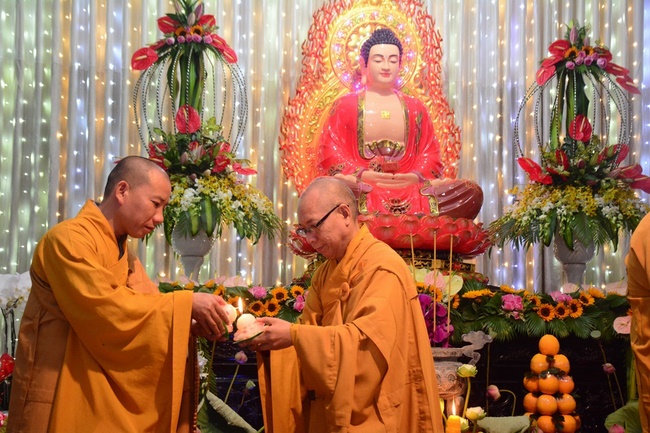 A Ceremony Lighting  Flower Lanterns to Celebrate Birthday Of Amitabha Buddha at Phuoc Thien Pagoda, Ho Chi Minh City
