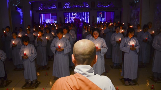 A Ceremony Lighting  Flower Lanterns to Celebrate Birthday Of Amitabha Buddha at Phuoc Thien Pagoda, Ho Chi Minh City