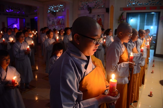 A Ceremony Lighting  Flower Lanterns to Celebrate Birthday Of Amitabha Buddha at Phuoc Thien Pagoda, Ho Chi Minh City