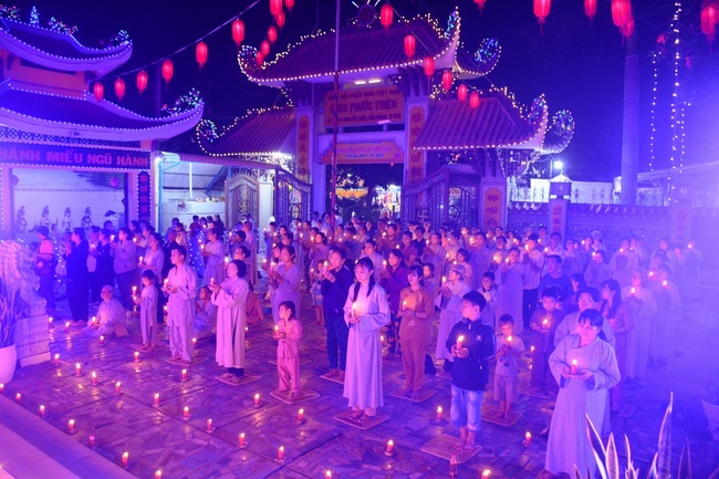 A Ceremony Lighting  Flower Lanterns to Celebrate Birthday Of Amitabha Buddha at Phuoc Thien Pagoda, Ho Chi Minh City