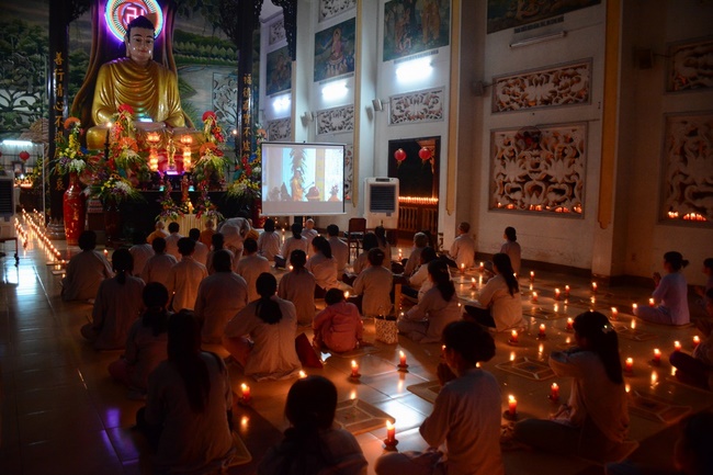 A Ceremony Lighting  Flower Lanterns to Celebrate Birthday Of Amitabha Buddha at Phuoc Thien Pagoda, Ho Chi Minh City