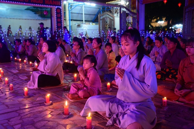 A Ceremony Lighting  Flower Lanterns to Celebrate Birthday Of Amitabha Buddha at Phuoc Thien Pagoda, Ho Chi Minh City