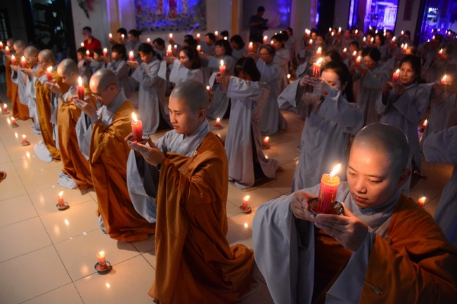 A Ceremony Lighting  Flower Lanterns to Celebrate Birthday Of Amitabha Buddha at Phuoc Thien Pagoda, Ho Chi Minh City
