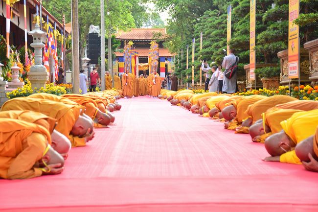 Receiving precepts from Thien Hoa precept's Altar of the Hoang Phap Pagoda’s monks