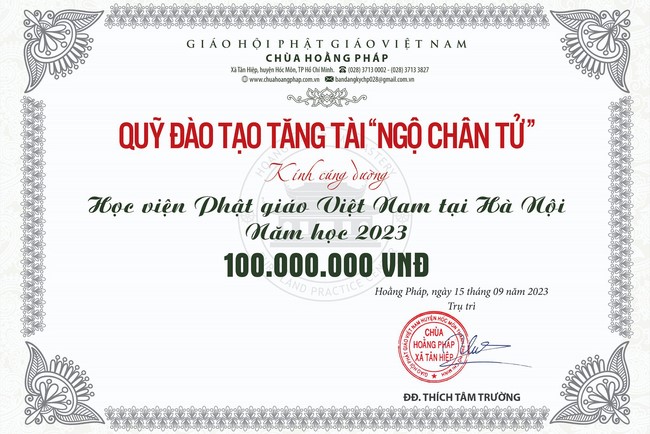 Quỹ đào tạo Tăng tài Ngộ Chân Tử cúng dường đến Học viện PGVN tại Hà Nội