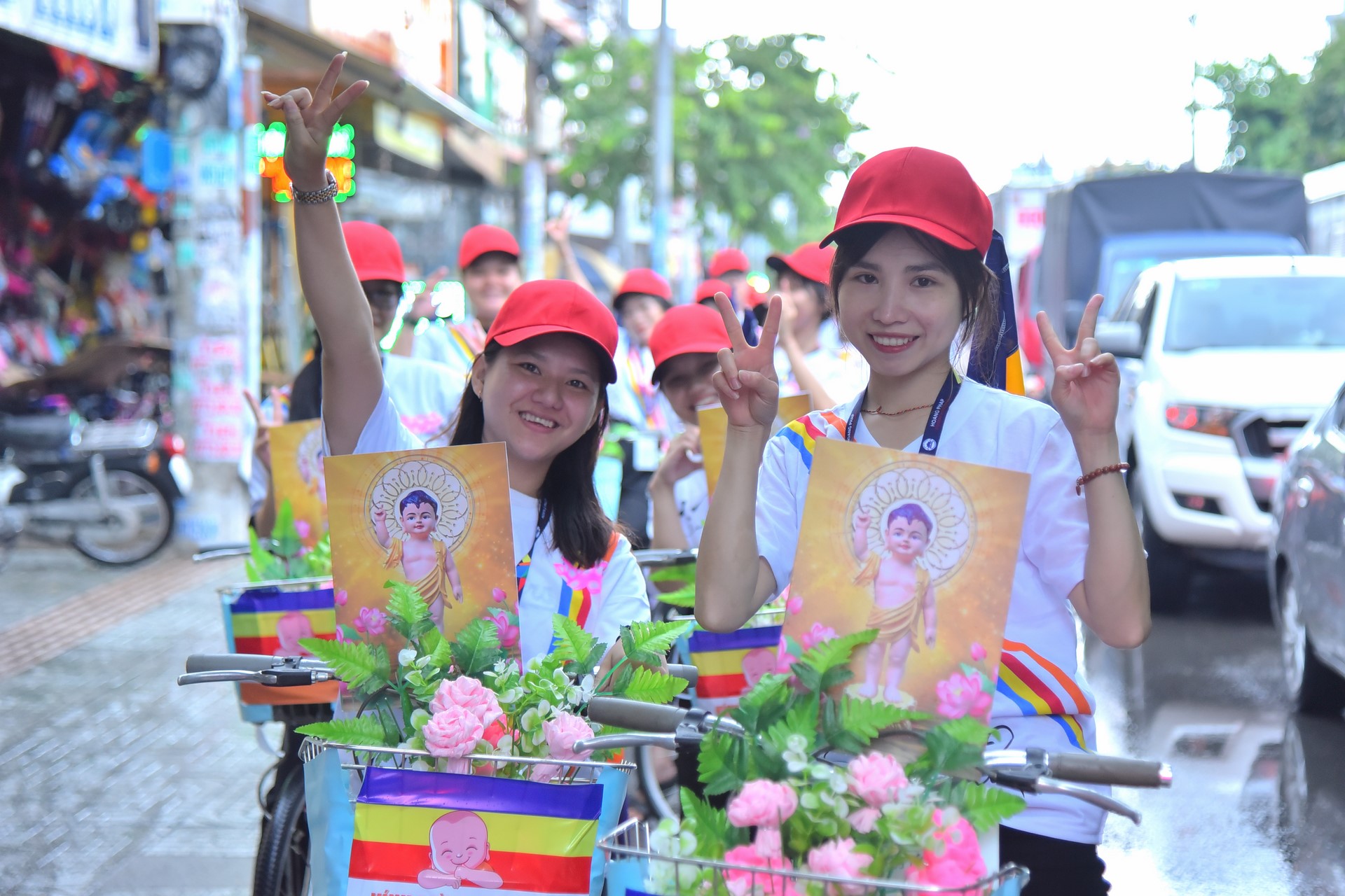 Parade of bicycles decorated with flowers to welcome the Buddha's Birthday (Buddhist Calendar 2567 - Solar Calendar 2023)