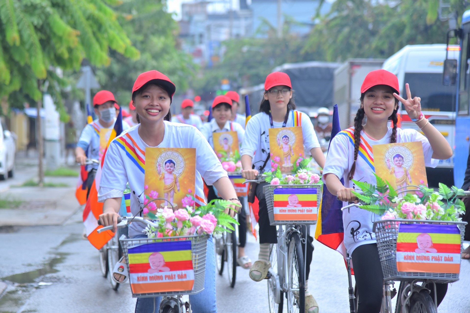 Parade of bicycles decorated with flowers to welcome the Buddha's Birthday (Buddhist Calendar 2567 - Solar Calendar 2023)