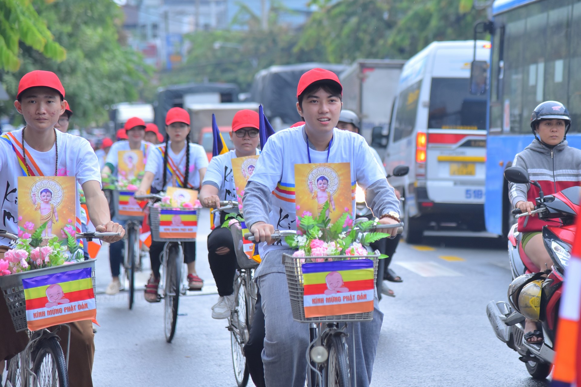 Parade of bicycles decorated with flowers to welcome the Buddha's Birthday (Buddhist Calendar 2567 - Solar Calendar 2023)