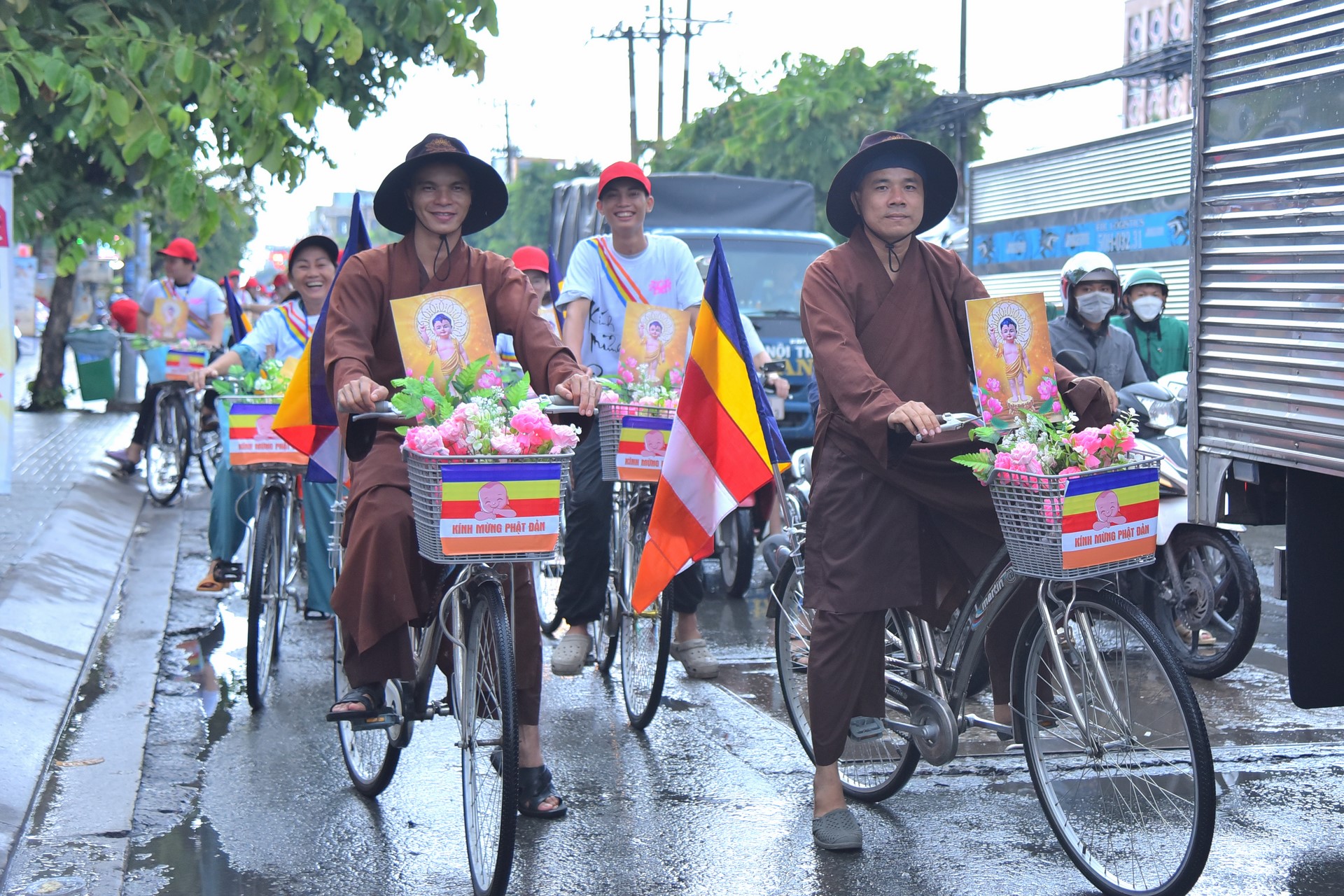 Parade of bicycles decorated with flowers to welcome the Buddha's Birthday (Buddhist Calendar 2567 - Solar Calendar 2023)
