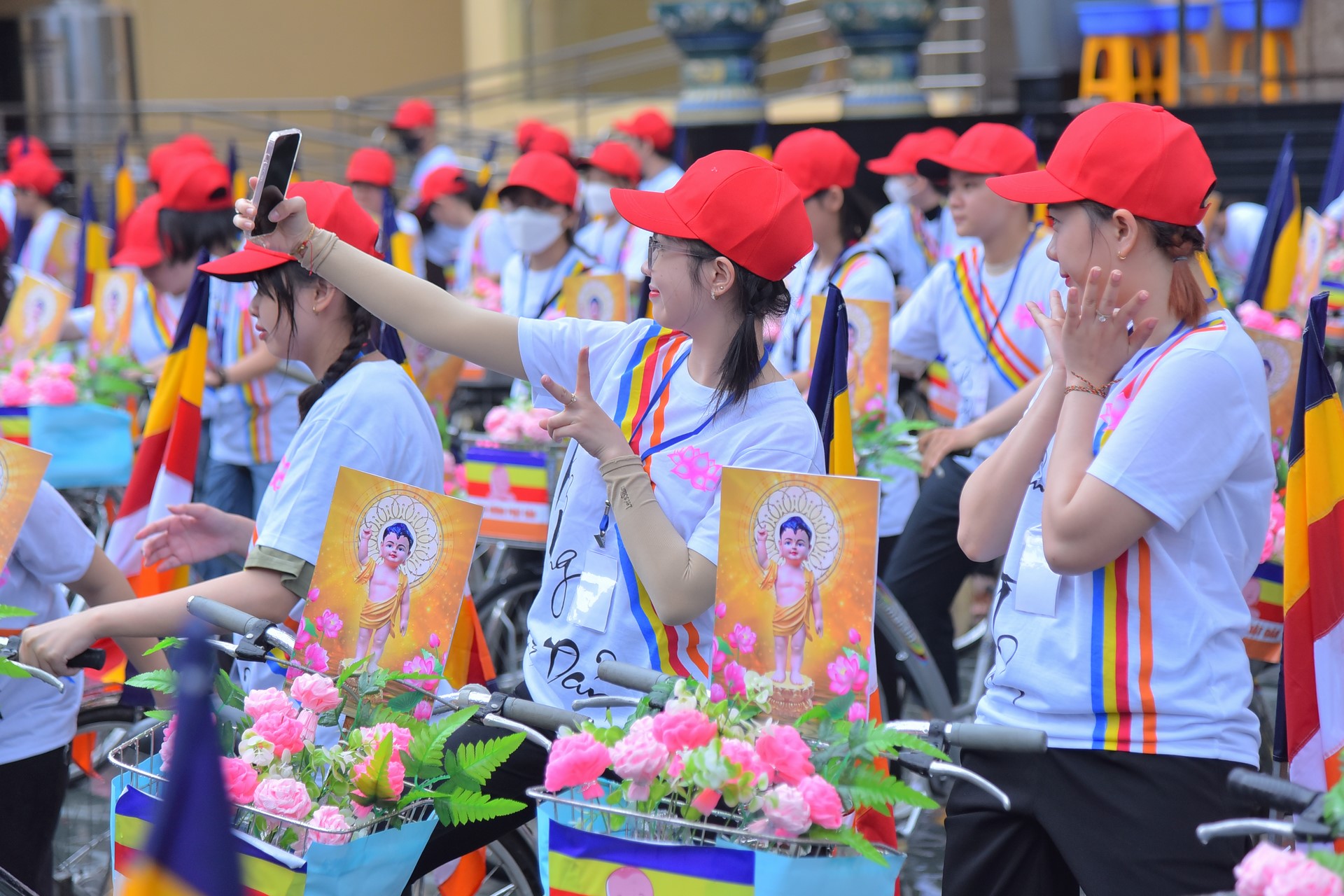 Parade of bicycles decorated with flowers to welcome the Buddha's Birthday (Buddhist Calendar 2567 - Solar Calendar 2023)