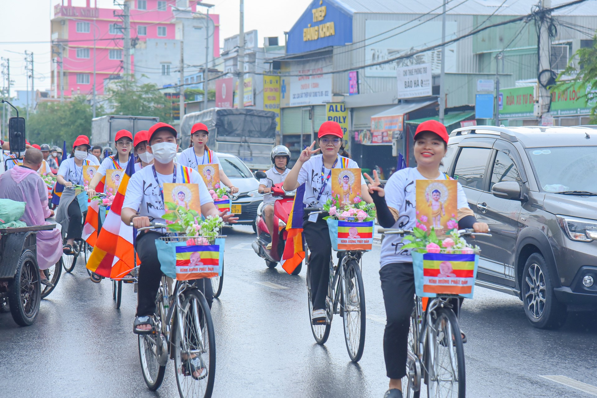 Parade of bicycles decorated with flowers to welcome the Buddha's Birthday (Buddhist Calendar 2567 - Solar Calendar 2023)