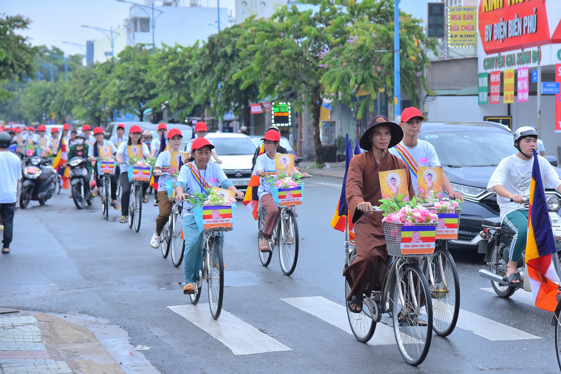 Parade of bicycles decorated with flowers to welcome the Buddha's Birthday (Buddhist Calendar 2567 - Solar Calendar 2023)