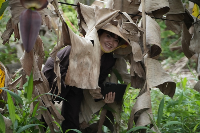 Chư Tăng và công quả nội tự chùa Hoằng Pháp cùng thu hoạch chuối cúng dường (Đồng Nai).